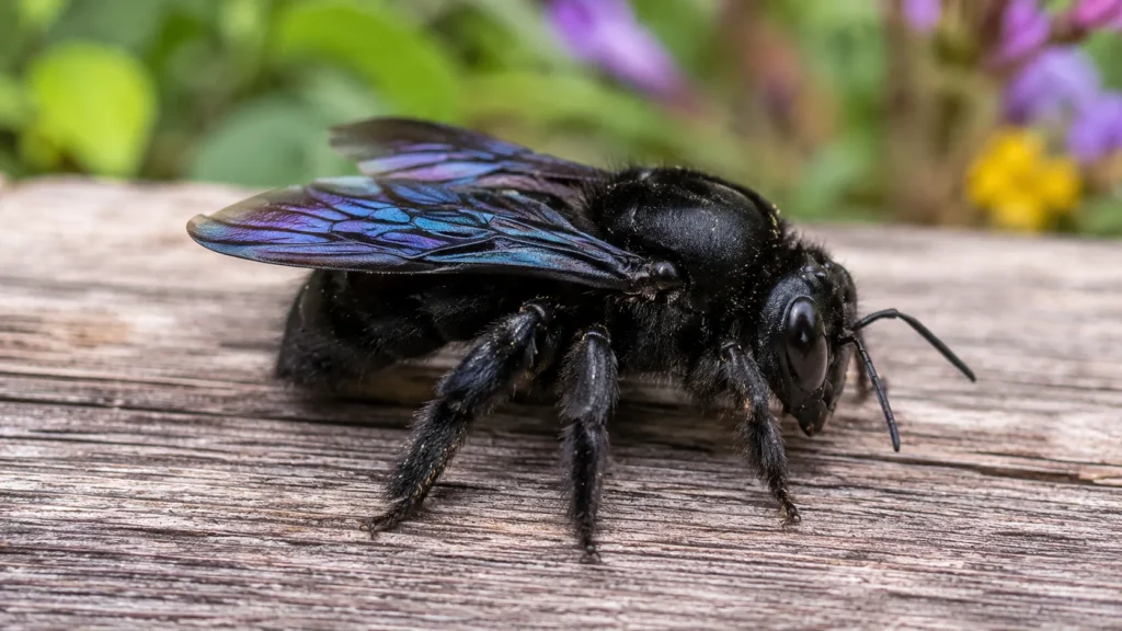 Abeille charpentière noire à reflets bleus, souvent confondue avec un frelon noir
