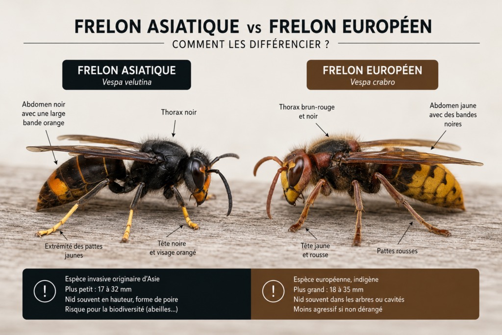 Comparaison entre le frelon asiatique et le frelon européen pour reconnaître le frelon noir