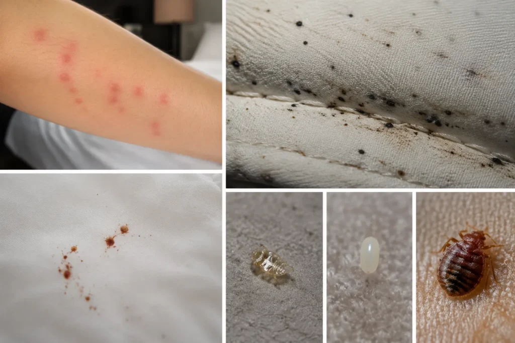 Traces de punaises de lit sur les coutures d’un matelas : taches noires et mues